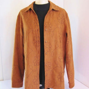 Brown Suede Fabric Shirt-Jacket-Flower Stitching-L